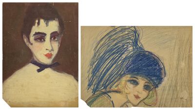 two paintings of a woman with a blue hat and a woman with a blue hat
