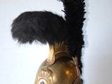 a gold helmet with a black feather on top of it
