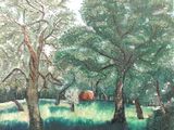 un tableau représentant une vache dans un champ bordé d'arbres