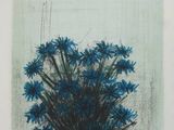 drawing of blue flowers in a vase on a green background