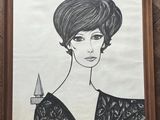 a drawing of a woman in a black dress holding a knife