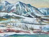 peinture représentant une peinture d'une chaîne de montagnes avec une rivière au premier plan