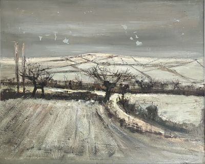 an oil painting of a snowy landscape with trees and a road