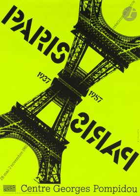 a yellow poster with the eiffel tower in the background