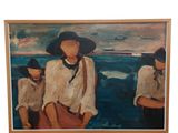 tableau représentant une femme et deux garçons sur une plage, avec un bateau en arrière-plan