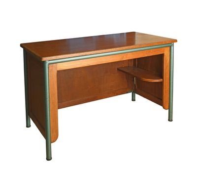 an image of a desk with a wooden top and metal legs
