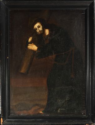 a painting of a man carrying a cross in a black frame