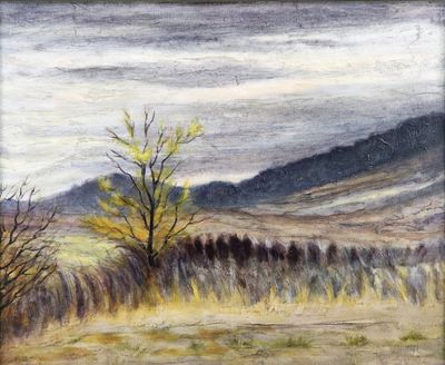 une image représentant un tableau d'un champ avec des arbres et des montagnes en arrière-plan