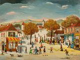 tableau représentant une scène de rue avec des gens qui se promènent et jouent dans la rue