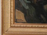 an oil painting of a man sitting on a couch with a dog