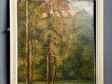 an oil painting of a wooded scene with trees in the foreground