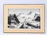tableau représentant un village de montagne avec un pont au premier plan