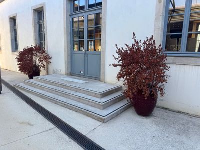 deux jardinières posées sur les marches à l'extérieur d'un immeuble