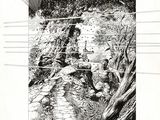 drawing of a man with a gun in a field near a tree