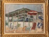 an oil painting of a beach scene with chairs and umbrellas