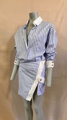 an image of a mannequin wearing a blue and white striped shirt dress