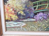 a painting of a bridge over a pond with purple flowers