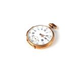 a gold pocket watch with roman numerals on it
