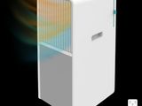 an image of a small white refrigerator with a remote control