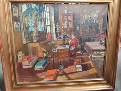 a painting of a woman sitting at a desk in a room
