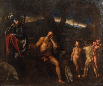 an image of a painting of a group of naked men in a wooded area