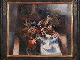 an oil painting of a vase of flowers on a table in front of a mirror