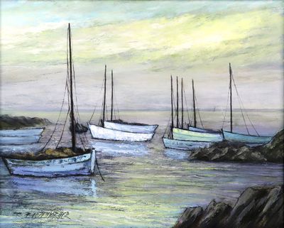 peinture d'un groupe de bateaux flottant sur un plan d'eau