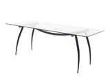 une table en verre avec des pieds noirs et un plateau en verre
