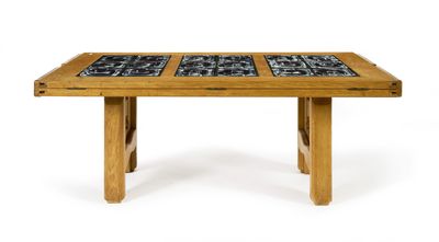 an image of a wooden table with a tile top and legs