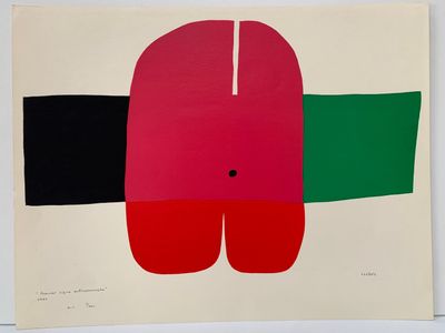 une peinture représentant un objet rouge, vert et noir sur une surface blanche