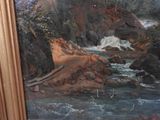 a painting of a river running through a forest