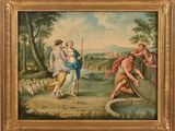 une peinture à l'huile sur toile représentant une scène biblique avec une femme et deux hommes