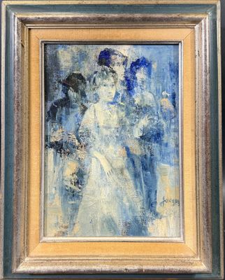 un tableau représentant une femme en robe blanche tenant un parapluie bleu