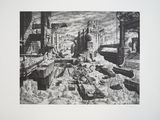drawing of a black and white picture of a city with ruins