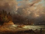 l'image d'une peinture représentant un bateau sur un plan d'eau