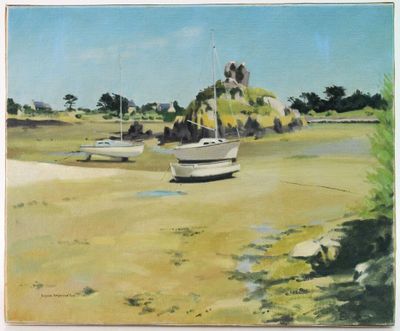 a painting of a boat on the shore of the water