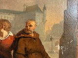 painting of a man and a woman standing in front of a building