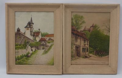deux tableaux représentant un village avec une église en arrière-plan