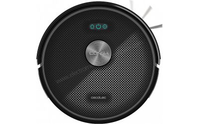 a close up of a black robot vacuum cleaner on a white background