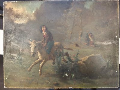 un vieux tableau représentant un homme à cheval dans un champ