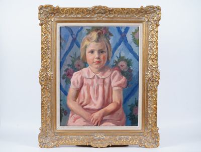 painting of a little girl in a pink dress sitting in front of a blue and white background