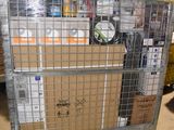 a cart with boxes on top of it in a warehouse