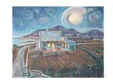 une peinture à l'huile représentant une maison sur une colline, avec la pleine lune en arrière-plan