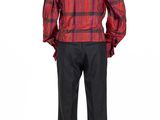 men ' s red and black plaid shirt with black pants