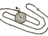 a gold pocket watch with a chain around it on a white background