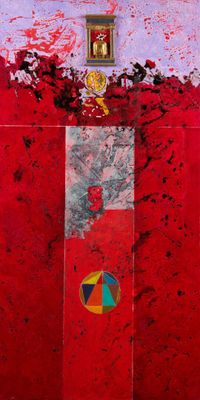 an image of a painting of a red building with a clock on top of it