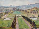 tableau représentant une vue d'un parc avec un étang et un parc
