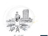 drawing of a man standing in front of a tall building