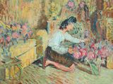 un tableau représentant une femme assise sur une chaise dans un salon