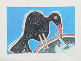 drawing of a bird with a fish in its beak on a plate